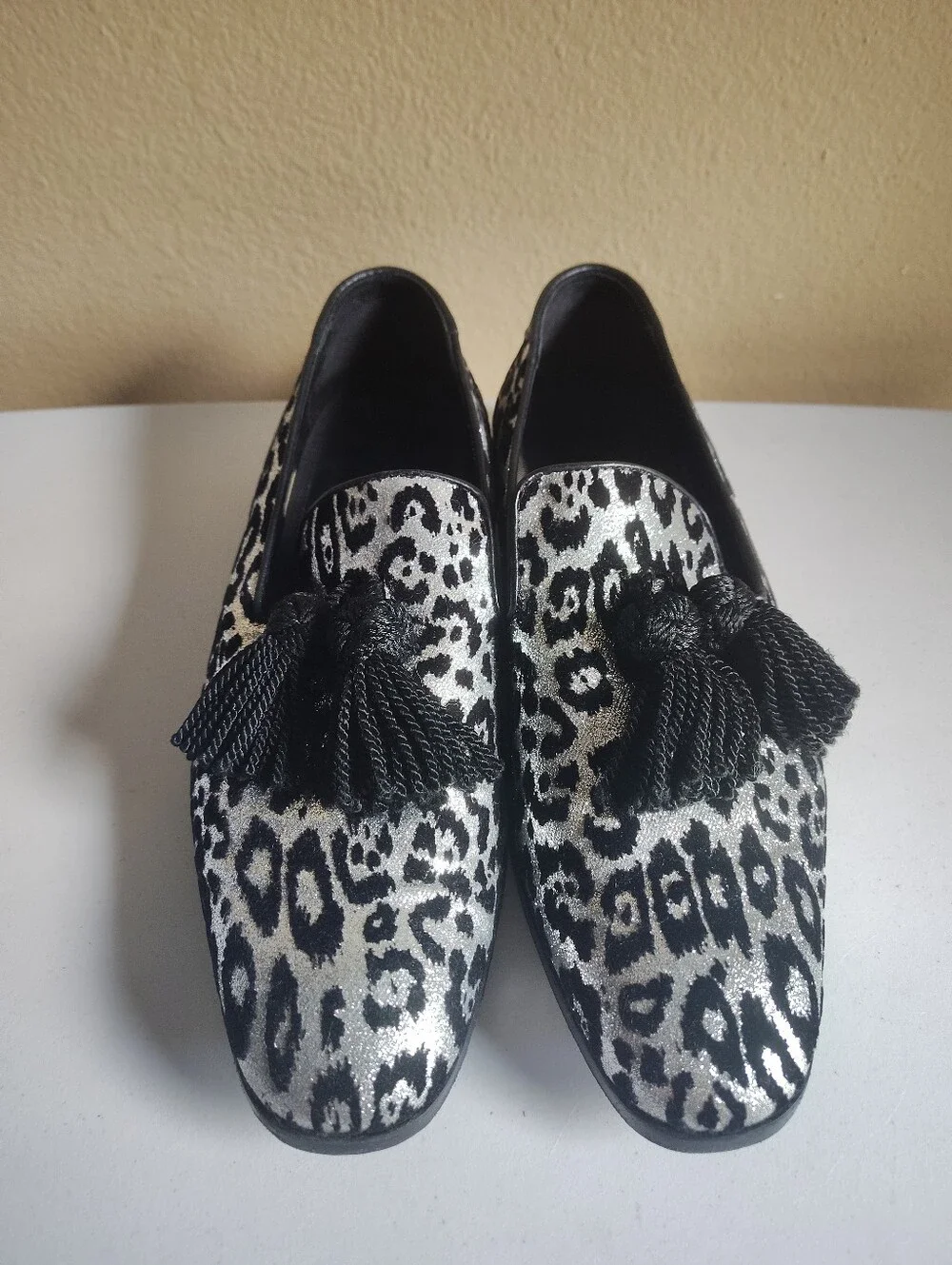 Jimmy Choo Foxley Silver Black Leopard Glitter Tassel Loafers Mens Size 42 (9)